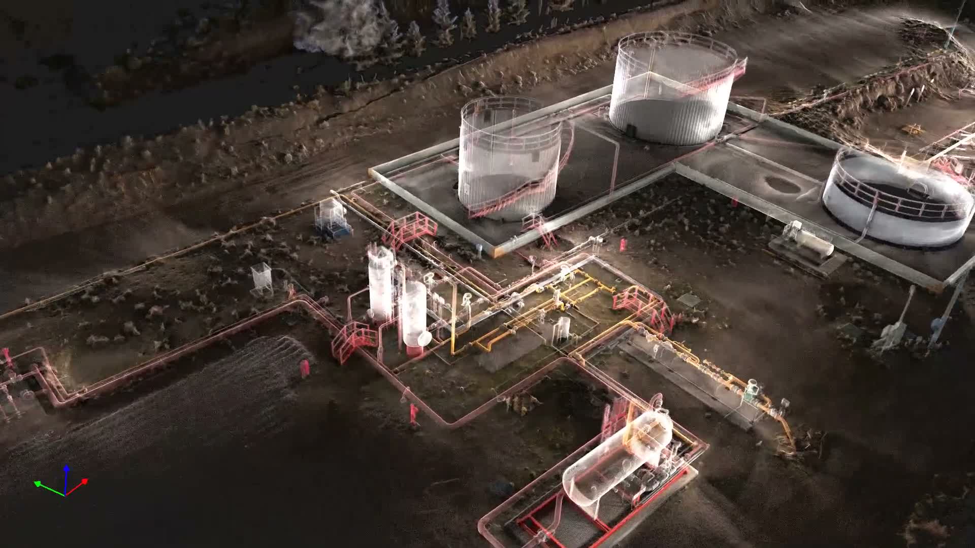 Nube de puntos de una planta industrial con tanques y cañerías, relevada con escáner LiDAR móvil